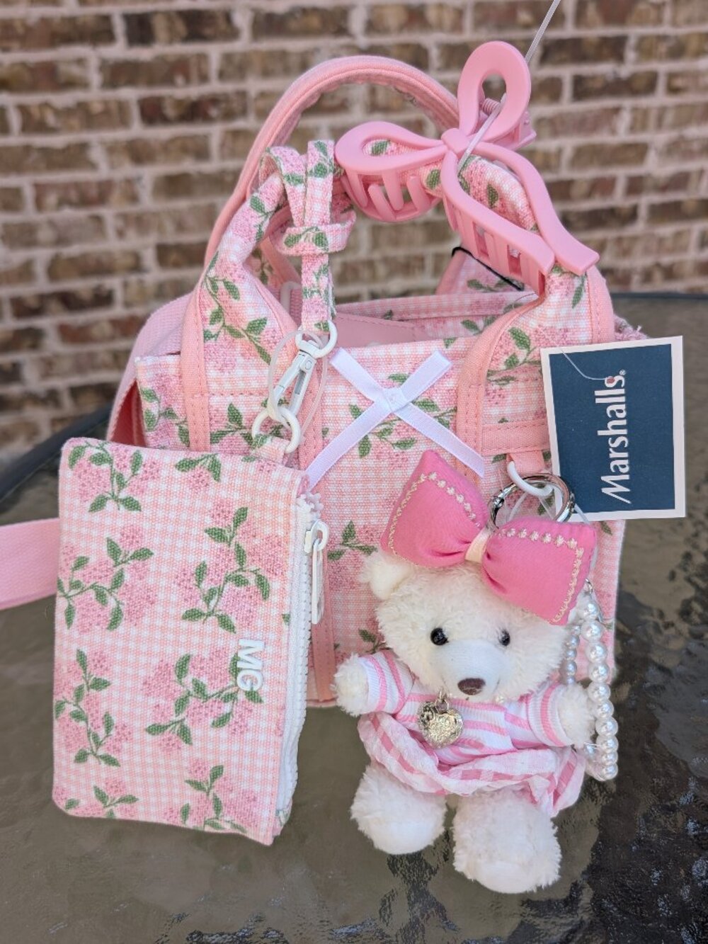 BRAND NEW MADDEN GIRL Pink Floral Mini Tote Bag + Hair Clip, Bag Charm, Pouch